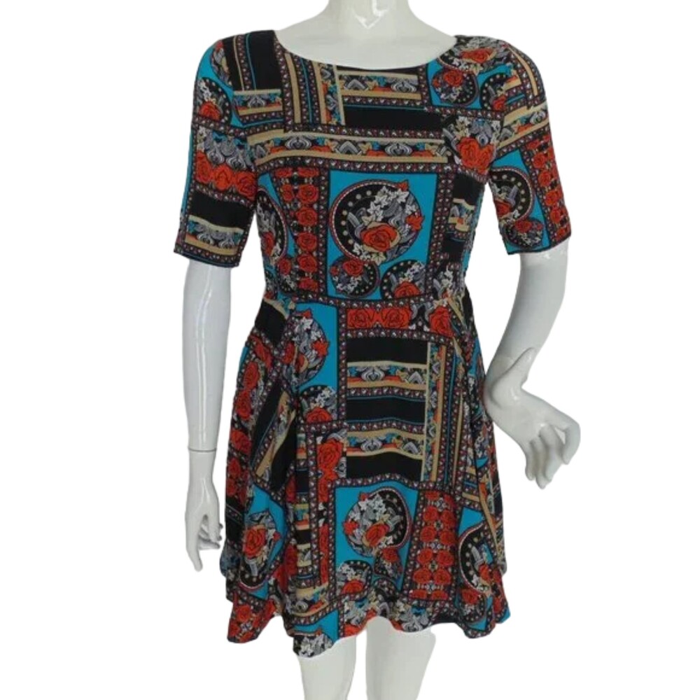 MINKPINK Dress, Jr M, Geometric Floral/Roses, Skater, Poly, Aqua/Black/